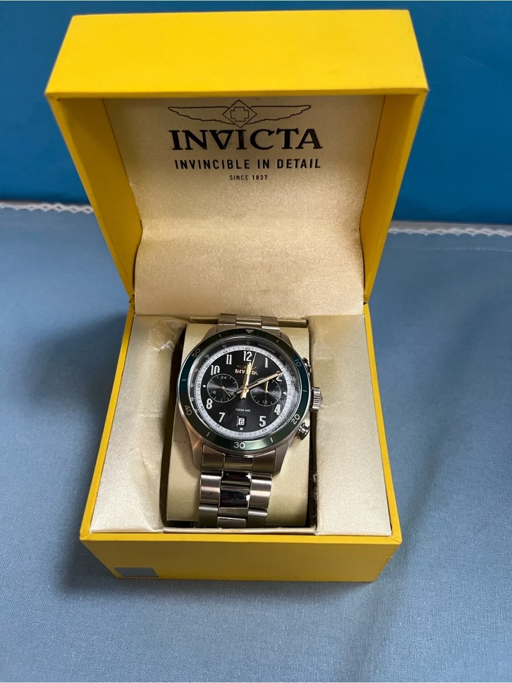 Invicta Men's Chronograph Watch in Black and Green & Gold Accents, model 35666.